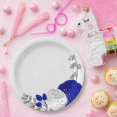 koninklijk blauw en witte bloemen zilver papieren bordje (Feest)