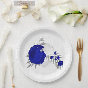 koninklijk blauw en witte bloemen zilver papieren bordje