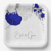 koninklijk blauw en witte bloemen zilver papieren bordje (Voorkant)