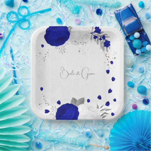 koninklijk blauw en witte bloemen zilver papieren bordje (Feest)