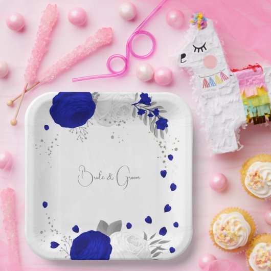 koninklijk blauw en witte bloemen zilver papieren bordje (Feest)