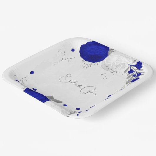 koninklijk blauw en witte bloemen zilver papieren bordje (Gebogen)