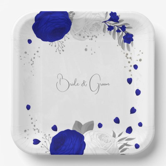 koninklijk blauw en witte bloemen zilver papieren bordje (Voorkant)