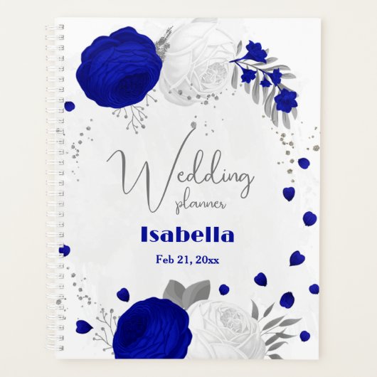 koninklijk blauw en witte bloemen zilver planner (Voorkant)