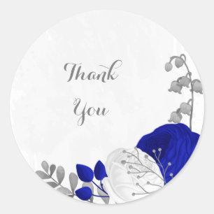 koninklijk blauw en witte bloemen zilver ronde sticker