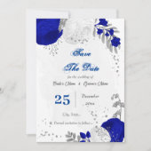 koninklijk blauw en witte bloemen zilver save the date (Voorkant)