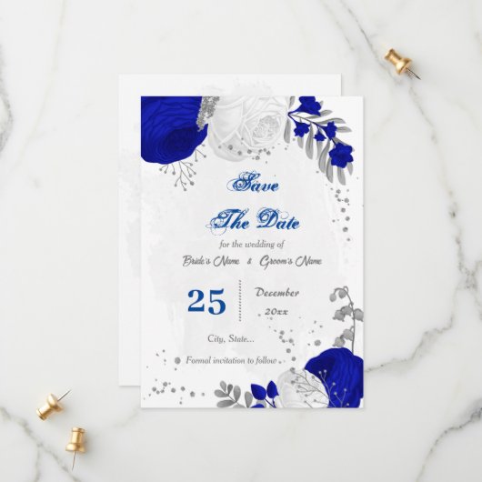 koninklijk blauw en witte bloemen zilver save the date (Voorkant / Achterkant in situ)