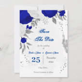 koninklijk blauw en witte bloemen zilver save the date (Voorkant)
