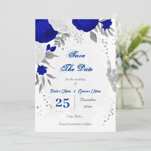koninklijk blauw en witte bloemen zilver save the date (Staand voorkant)