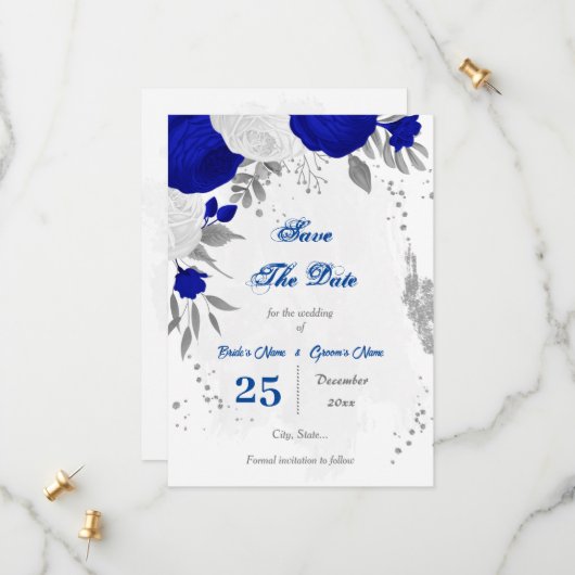 koninklijk blauw en witte bloemen zilver save the date (Voorkant / Achterkant in situ)