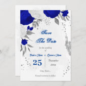 koninklijk blauw en witte bloemen zilver save the date (Voorkant / Achterkant)