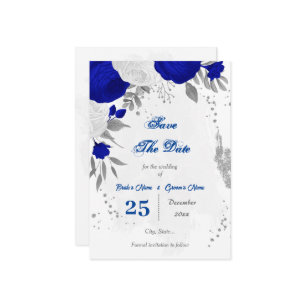 koninklijk blauw en witte bloemen zilver save the date