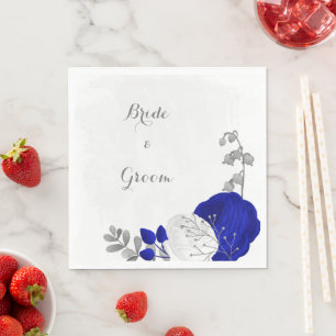 koninklijk blauw en witte bloemen zilveren bruilof servet