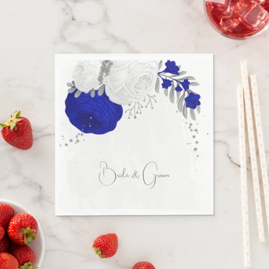 koninklijk blauw en witte bloemen zilveren bruilof servet (Insitu)