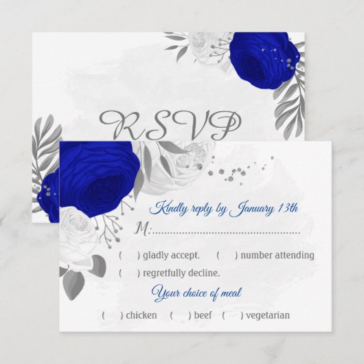 koninklijk blauw en witte bloemen zilveren maaltij RSVP kaartje (Voorkant / Achterkant)