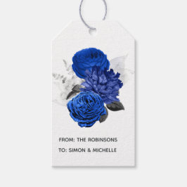 Koninklijk Blauw en Zilver Bloemmotief Cadeaulabel