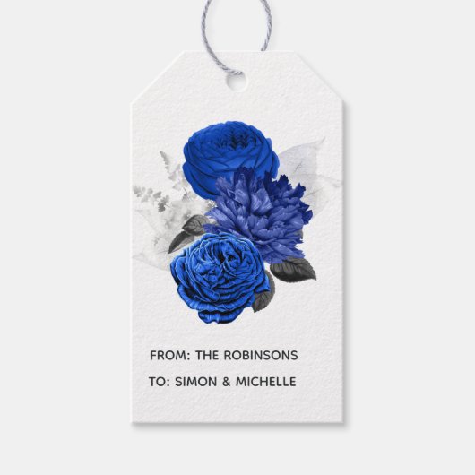 Koninklijk Blauw en Zilver Bloemmotief Cadeaulabel (Voorkant)