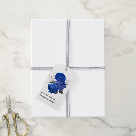 Koninklijk Blauw en Zilver Bloemmotief Cadeaulabel (Met Touw)
