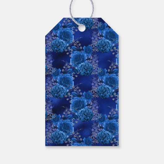 Koninklijk Blauw en Zilver Bloemmotief Cadeaulabel (Achterkant)