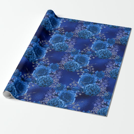 Koninklijk Blauw en Zilver Bloemmotief Cadeaupapier (Uitgerold)