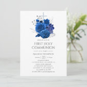 Koninklijk Blauw en Zilver Bloemmotief Eerste Heil Kaart (Staand voorkant)