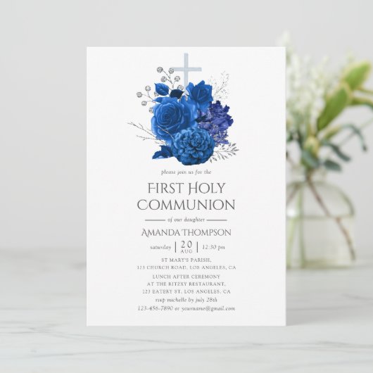 Koninklijk Blauw en Zilver Bloemmotief Eerste Heil Kaart (Staand voorkant)