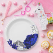 koninklijk blauw en zilverbloemen botanisch papieren bordje (Feest)