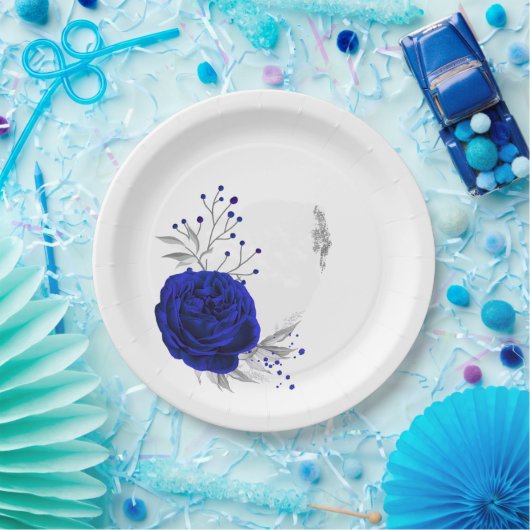 koninklijk blauw en zilverbloemen botanisch papieren bordje (Feest)