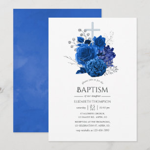 Koninklijk Blauw en Zilveren Bloemendoop Kaart