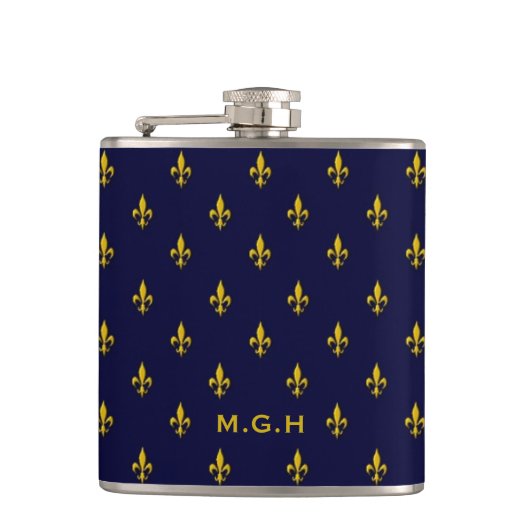 Koninklijk Blauw Fleur De Lis Patroon Monogram Heupfles (Voorkant)