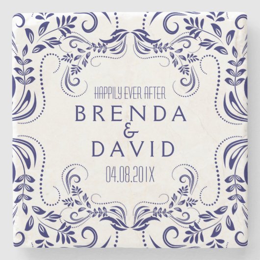 Koninklijk Blauw Floral Lijst Aangepaste achtergro Stenen Onderzetter (Voorkant)