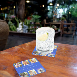 Koninklijk blauw fotocollage verjaardagsfeestje kartonnen onderzetters