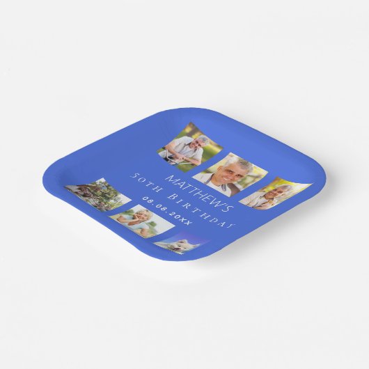 Koninklijk blauw fotocollage verjaardagsfeestje papieren bordje (Gebogen)