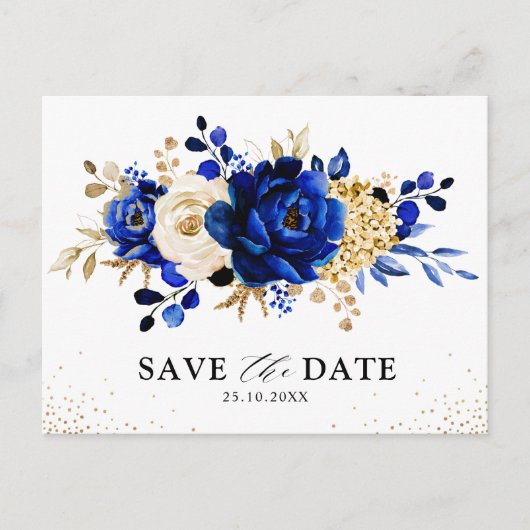 Koninklijk Blauw Geel Goud Bloem Save the date Briefkaart (Voorkant)
