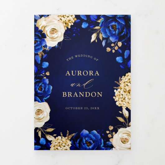 Koninklijk Blauw Geel Goud Metallic Bloem Bruiloft Drieluik Aankondiging (Cover)