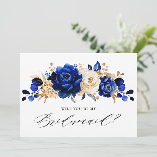 Koninklijk Blauw Geel Goud Wordt je mijn Bridesmai Kaart (Staand voorkant)