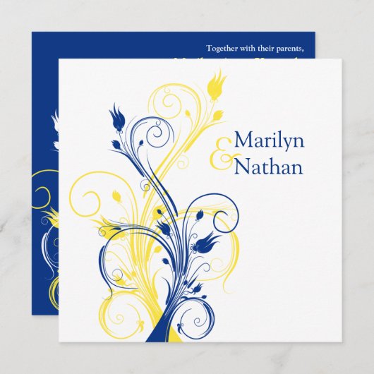 Koninklijk Blauw, Geel, Wit Bloemen Bruiloft Uitno Kaart (Voorkant / Achterkant)