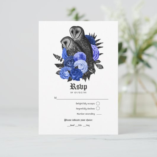  koninklijk blauw - Gothic Wedding RSVP Kaartje (Staand voorkant)