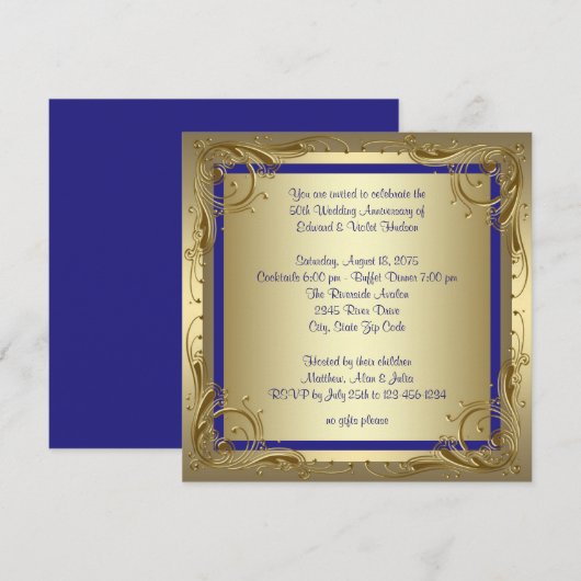 Koninklijk Blauw Goud 50-jarig huwelijksjubileumfe Kaart (Voorkant / Achterkant)