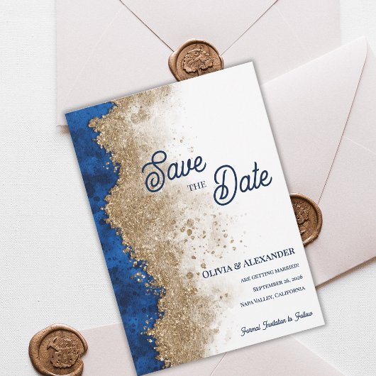 Koninklijk Blauw Goud Abstract Luxe Formele Trouwd Save The Date