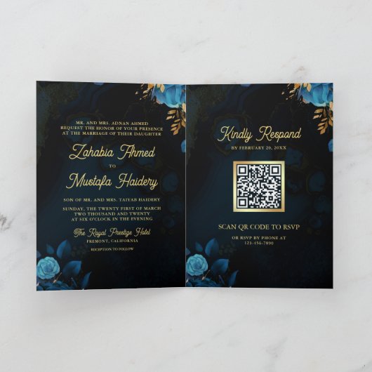 Koninklijk Blauw Goud Bloemen QR Code Moslim Bruil (Binnen)