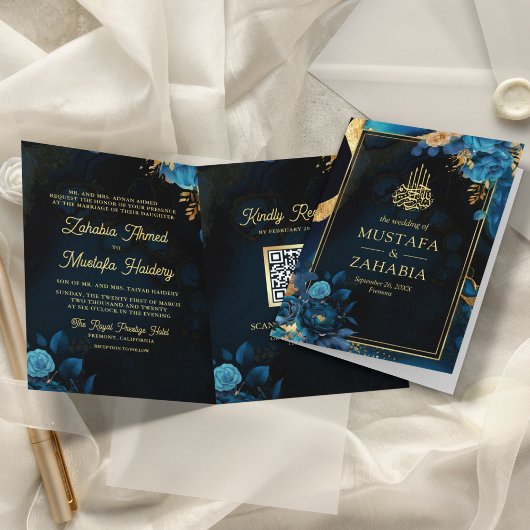 Koninklijk Blauw Goud Bloemen QR Code Moslim Bruil