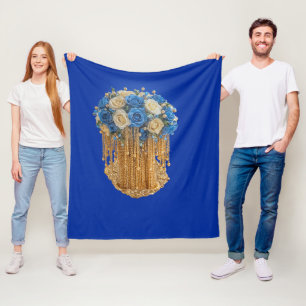 Koninklijk Blauw & Goud Bloemmotief — Fleece deken