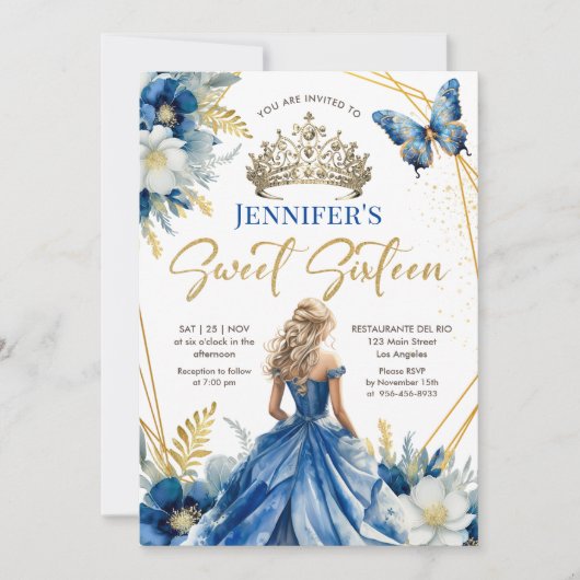 Koninklijk Blauw Goud Prinses Tiara Bloemen Zoet 1 Kaart (Voorkant)