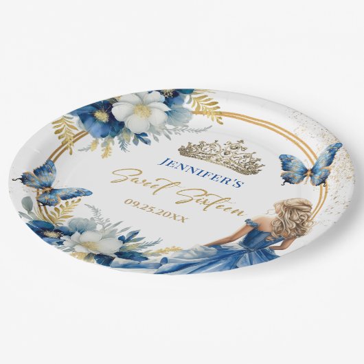 Koninklijk Blauw Goud Prinses Tiara Bloemen Zoet 1 Papieren Bordje (Gekanteld)