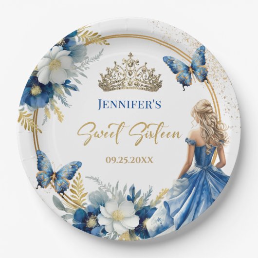Koninklijk Blauw Goud Prinses Tiara Bloemen Zoet 1 Papieren Bordje (Voorkant)