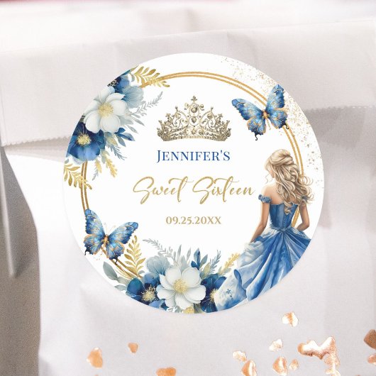 Koninklijk Blauw Goud Prinses Tiara Bloemen Zoet 1 Ronde Sticker