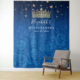 Koninklijk Blauw Goud Zwart Bloemstuk Quinceanera  Wandkleed