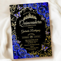 Koninklijk Blauw Goud Zwarte Rozen Quinceanera