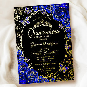 Koninklijk Blauw Goud Zwarte Rozen Quinceanera Folie Uitnodiging